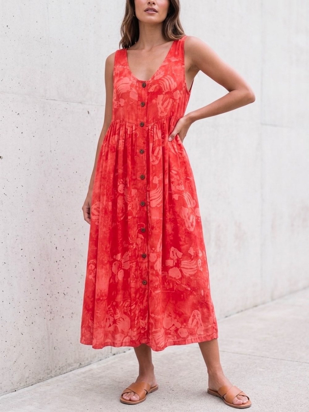 Vintage Women’s Coconut Button Rustic Red Batik Maxi Tropical Vacation Dress